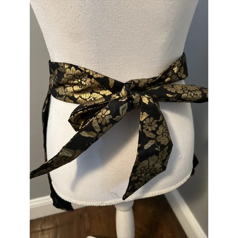 Vintage Half Apron Black & Metallic Gold Floral Tie Kitchen Retro 17